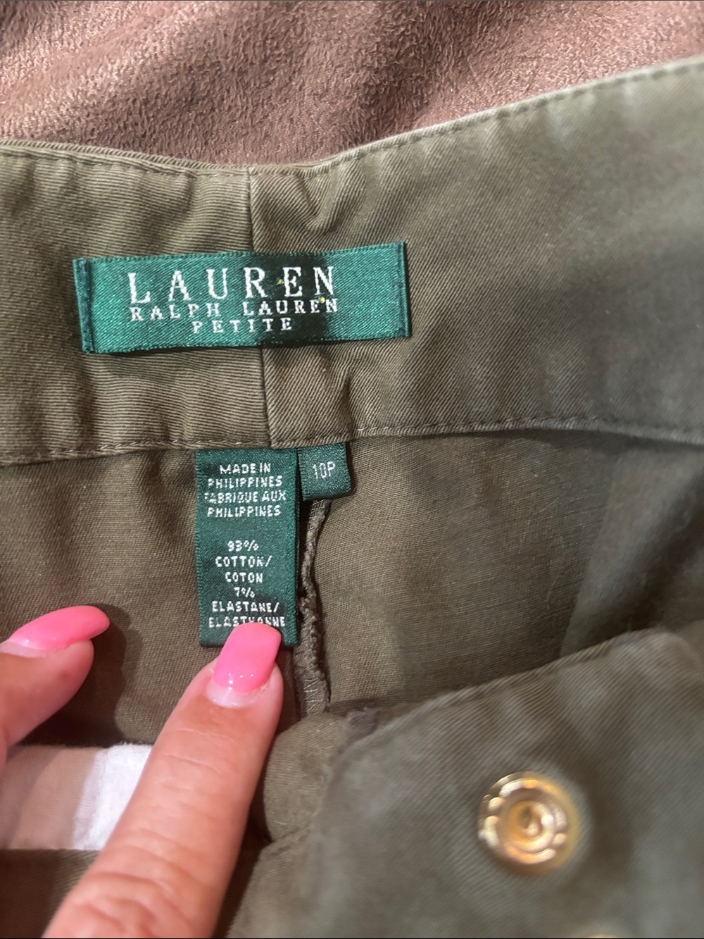Lauren Ralph Lauren Olive Green Straight-Leg Pants with Gold Zippers - Picture 4 of 6